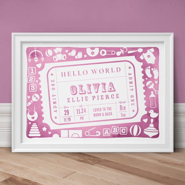 Admit One Personalised New Baby Print - Pink