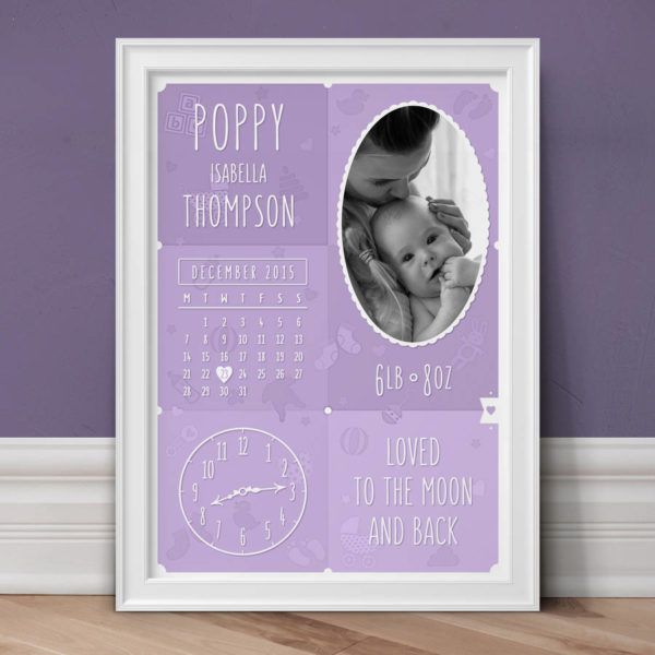 Personalised New Baby Photo Print - Lilac